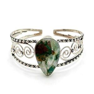 925 Sterling Silver Green Moss Agate & Turquoise Teardrop Cuff Bracelet NEW